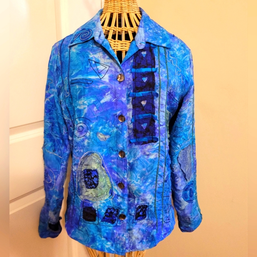 Chico's Design Sz 0 or Small Teal Blue Patchwork Silk Jacket Artistic Boho